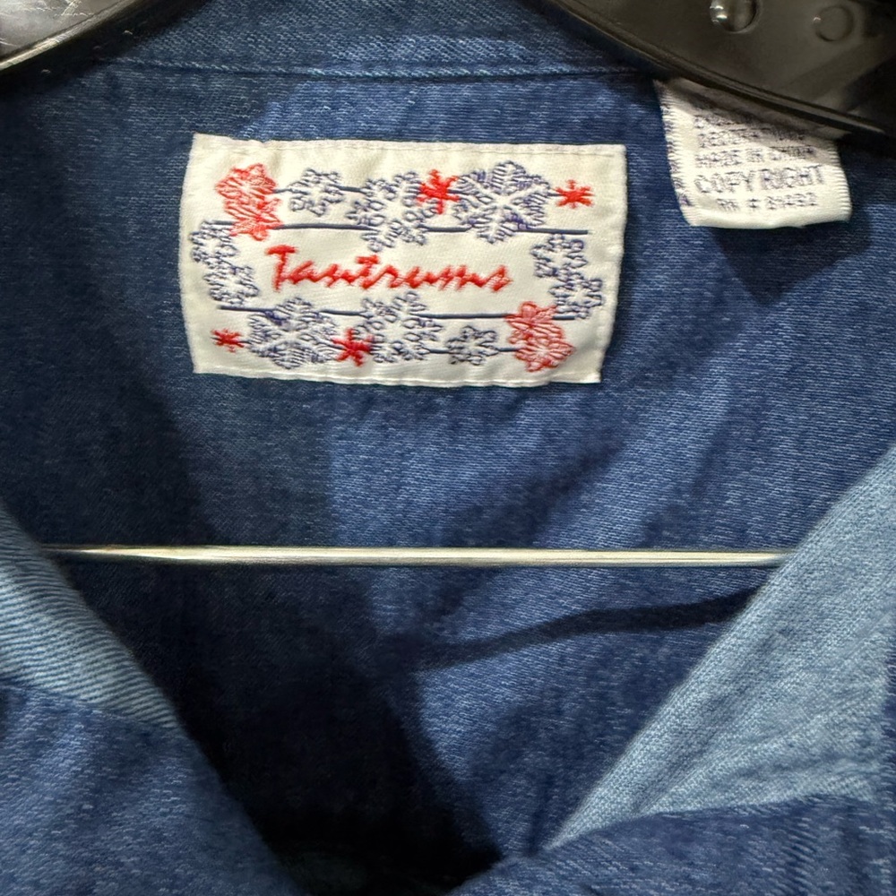 VTG 90s Tantrums Christmas Snowmen Embroidered Denim Flannel Button Down XL T - Picture 5 of 9